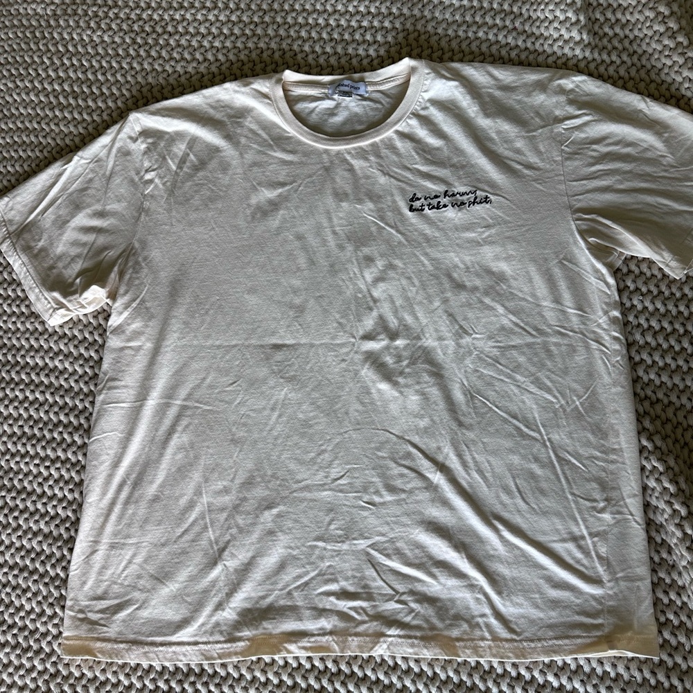 White Short Sleeve Crew Neck Tee with embroidered “do no harm but take no “sh*t”